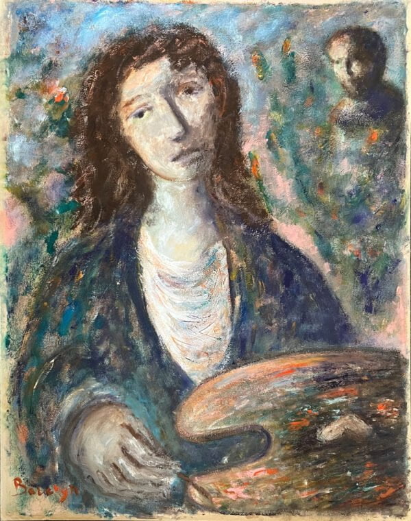 Auto portrait à la gouache sur carton épais, en arrière plan Vigny son compagnon présent dans ses toiles même après sa mort.