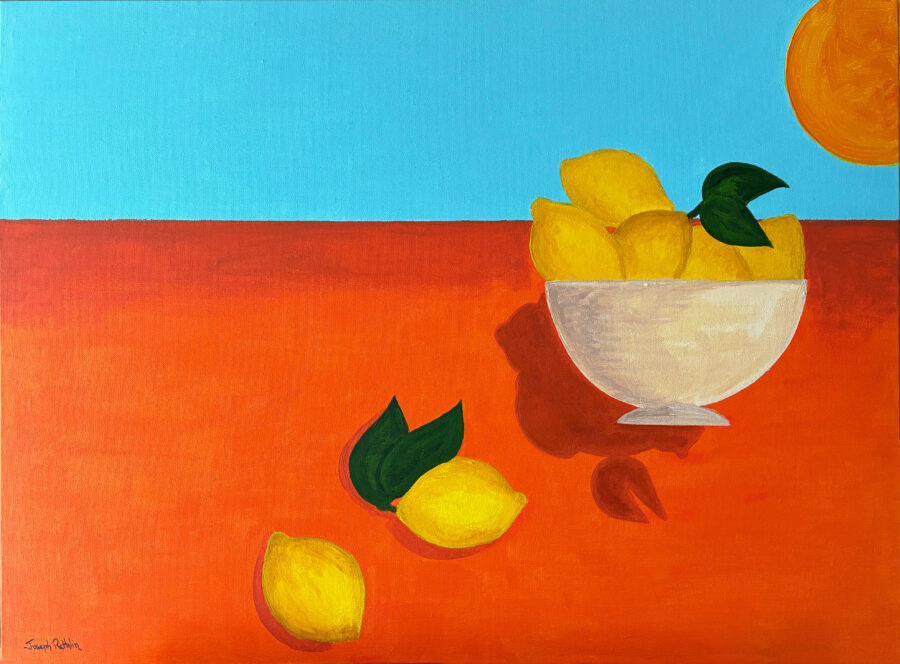 Une peinture acrylique minimaliste représentant un bol de citrons sous un soleil d'été radieux.